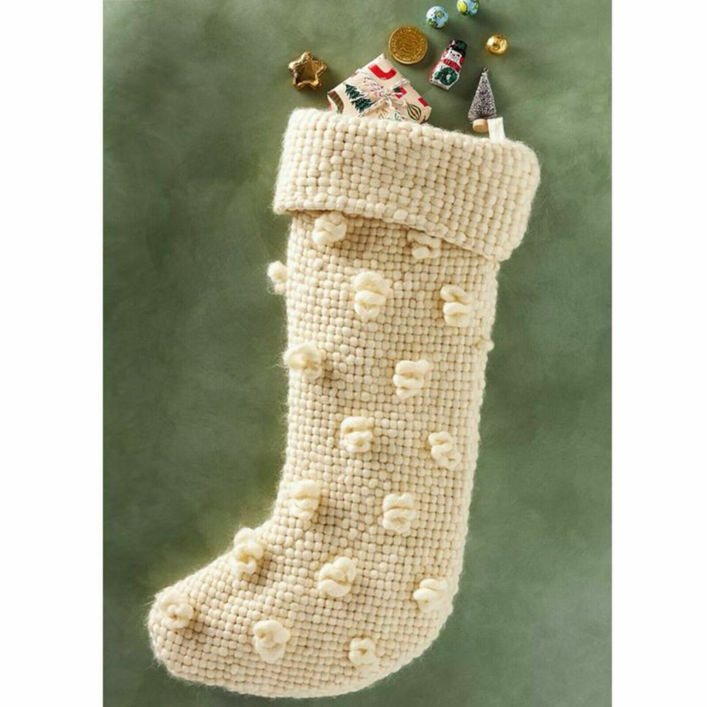 Anthropologie Wool Bobble Christmas Stocking Cream Chunky Knit Textured